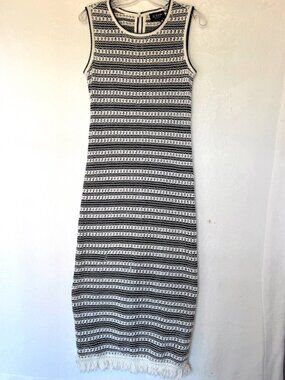 J Crew Collection Crochet Black Cream Striped Textured Boho Fringe Midi Dress XS